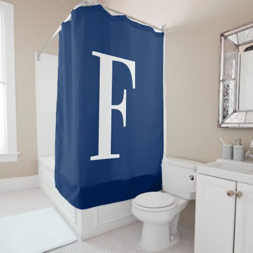 Navy Blue and White Large F Monogram Shower Curtain