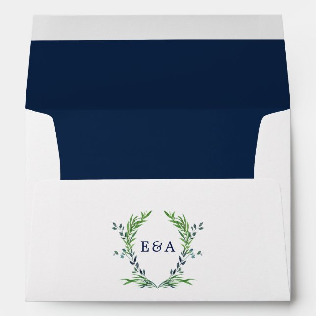 Navy Blue and White Laurel Crest Monogram Wedding Envelope (Back (Bottom))