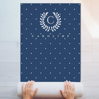 Navy Blue And White Laurel Monogram Polka Dots Yoga Mat