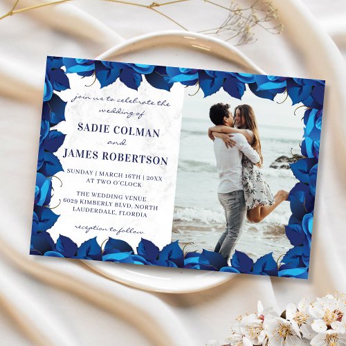 Navy Blue and White Marble Floral Photo Wedding Invitation