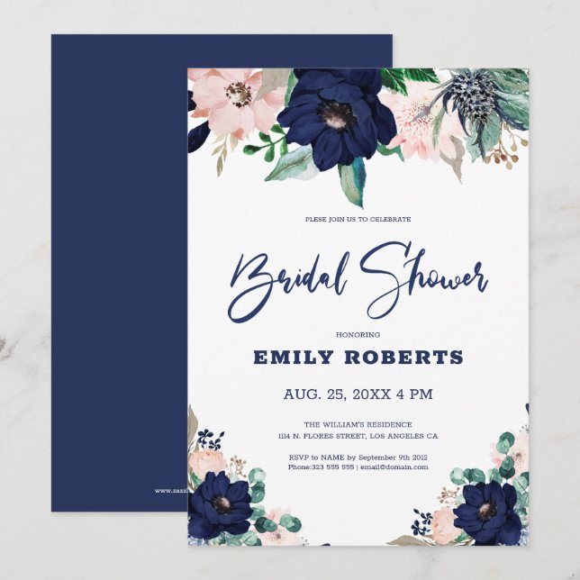 Navy-blue and white marine flowers bloom invitation (Front/Back)