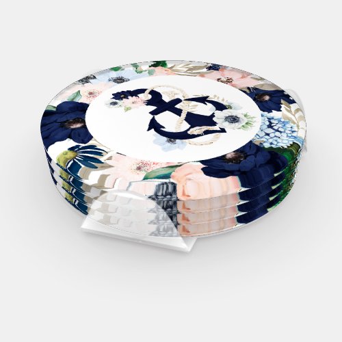 Navy_blue and white marine flowers boat anchor coaster set