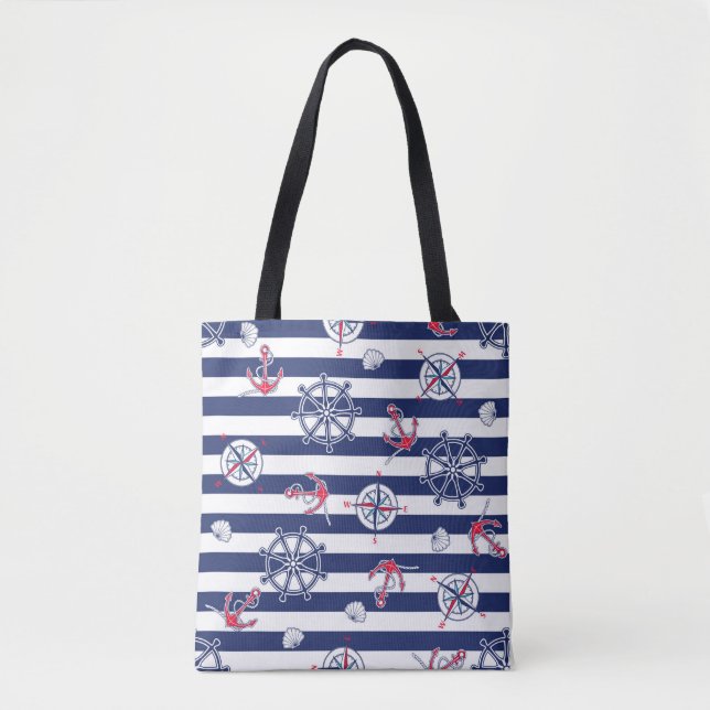 Navy Blue and White Marine Shoulder Tote Bag (Front)