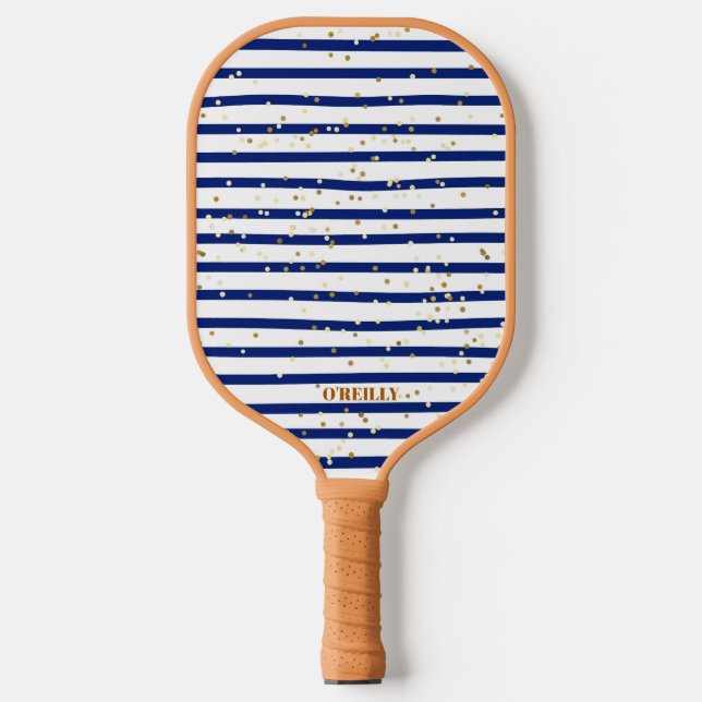 Navy Blue and White Marine Stipes Modern Monogram Pickleball Paddle (Front)