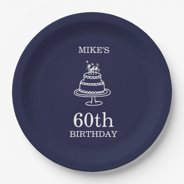 Navy Blue and White Mens Birthday Party  Paper Plates (Front)