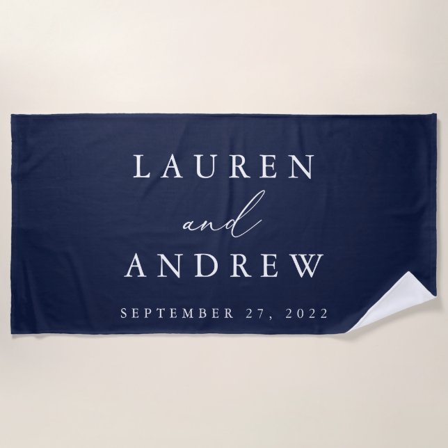 Navy Blue and White Minimalist Personalized  Beach Towel (Front)