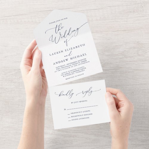 Navy Blue and White Minimalist Wedding All In One Invitation