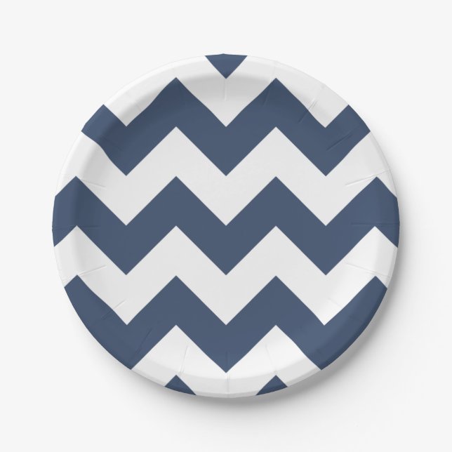 Navy Blue and White Modern Chevron Paper Plates (Front)