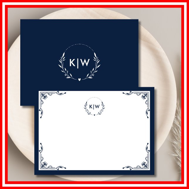 Navy Blue and White | Modern Initials Monogram Note Card (Navy Blue and White | Modern Initials Monogram Note Card)