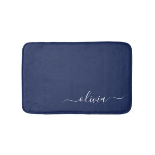 Navy Blue and White Modern Monogram Bath Mat