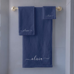 Navy Blue and White Modern Monogram Bath Towel Set