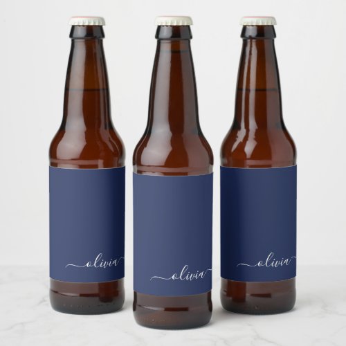 Navy Blue and White Modern Monogram Beer Bottle Label