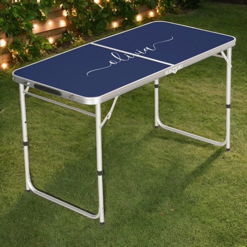 Navy Blue and White Modern Monogram Beer Pong Table