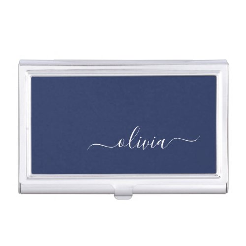 Navy Blue and White Modern Monogram Business Card Case