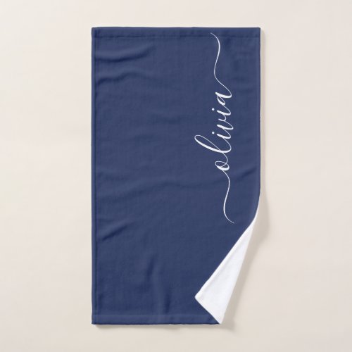 Navy Blue and White Modern Monogram Hand Towel