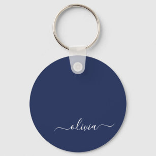 Navy Blue and White Modern Monogram Keychain