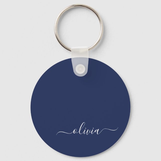 Navy Blue and White Modern Monogram Keychain (Front)