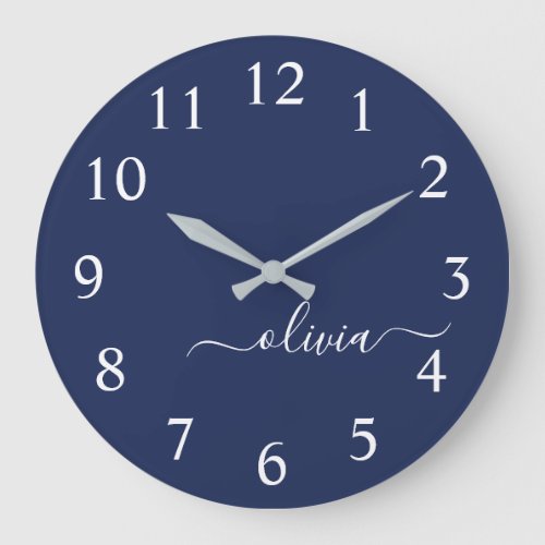 Navy Blue and White Modern Monogram Large Clock