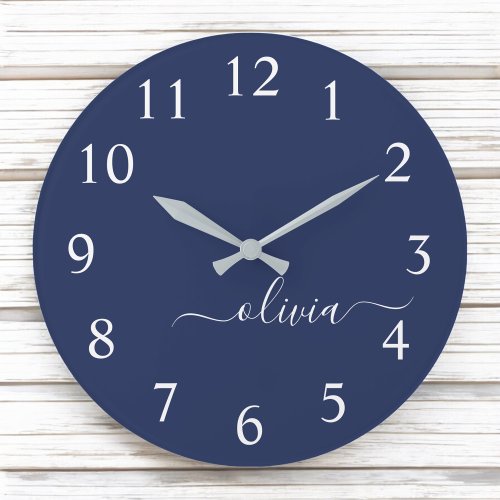 Navy Blue and White Modern Monogram Large Clock