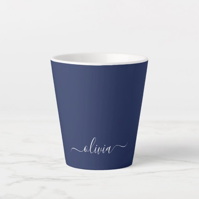 Navy Blue and White Modern Monogram Latte Mug (Front)