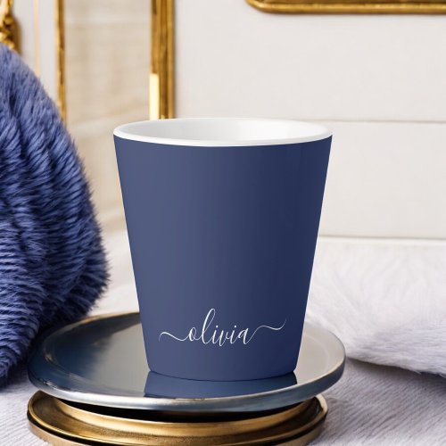 Navy Blue and White Modern Monogram Latte Mug