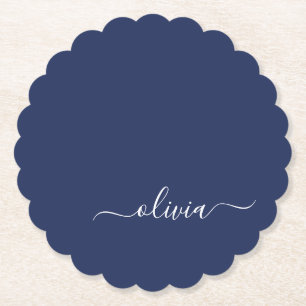 Navy Blue and White Modern Monogram Paper Coaster