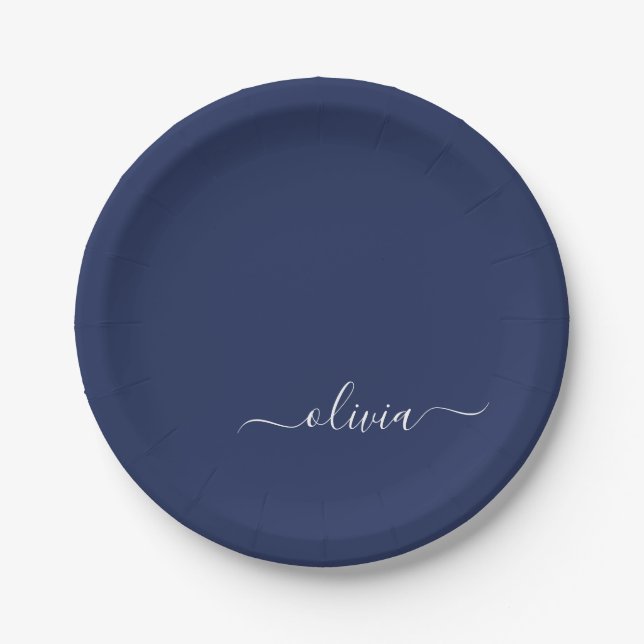 Navy Blue and White Modern Monogram Paper Plates (Front)