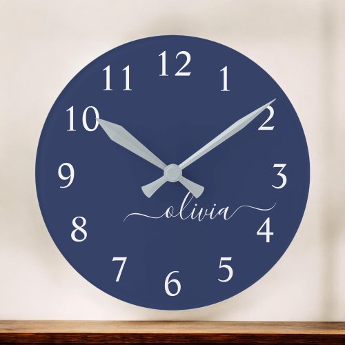 Navy Blue and White Modern Monogram Round Clock