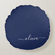Navy Blue and White Modern Monogram Round Pillow