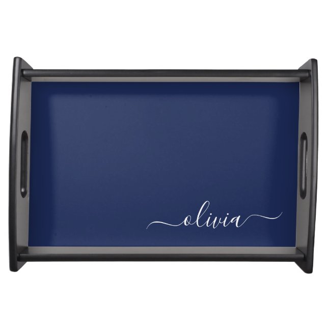 Navy Blue and White Modern Monogram Serving Tray (Front)