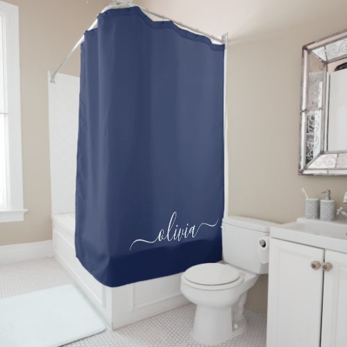 Navy Blue and White Modern Monogram Shower Curtain