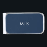 Navy Blue and White | Modern Monogram Silver Finish Money Clip<br><div class="desc">This modern money clip design features a dark navy blue background,  with your initials in bold white text for a look that is simple and stylish.</div>