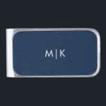 Navy Blue and White | Modern Monogram Silver Finish Money Clip<br><div class="desc">This modern money clip design features a dark navy blue background,  with your initials in bold white text for a look that is simple and stylish.</div>