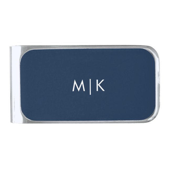 Navy Blue and White | Modern Monogram Silver Finish Money Clip (Front)