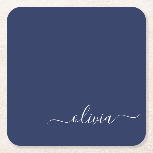Navy Blue and White Modern Monogram Square Paper Coaster (Front)