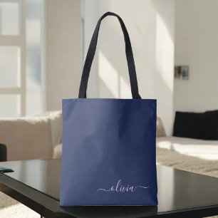 Navy Blue and White Modern Monogram Tote Bag