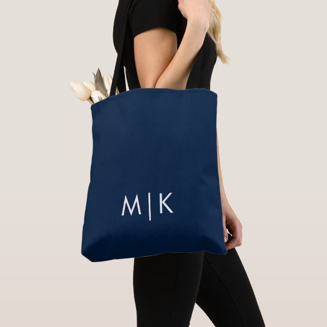 Navy Blue and White | Modern Monogram Tote Bag (Close Up)