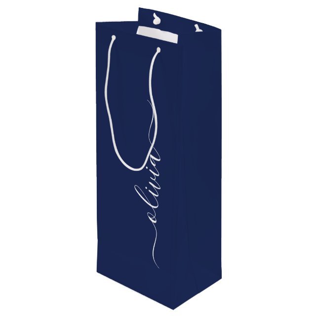 Navy Blue and White Modern Monogram Wine Gift Bag (Back Angled)