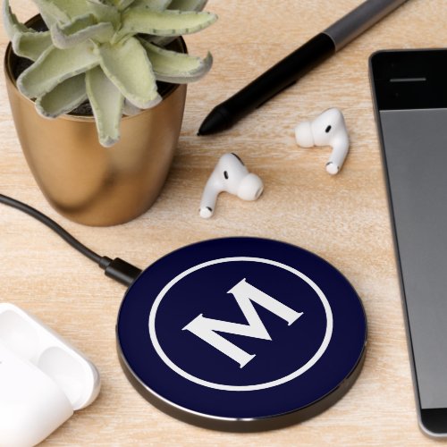 Navy Blue and White Modern Monogram Wireless Charger