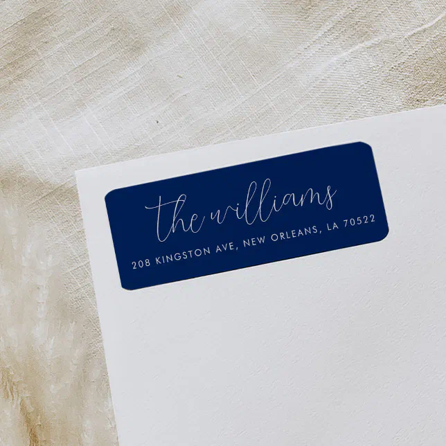 Navy Blue and White Modern Script Return Address Label | Zazzle