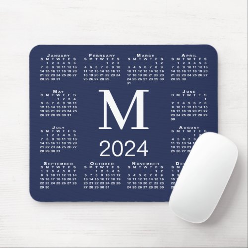 Navy Blue and White Monogram 2024 Calendar Mouse Pad