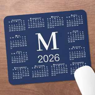 Navy Blue and White Monogram 2026 Calendar Mouse Pad