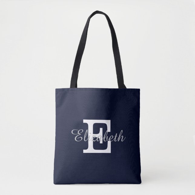 Navy blue and white monogram bridal tote bag (Front)