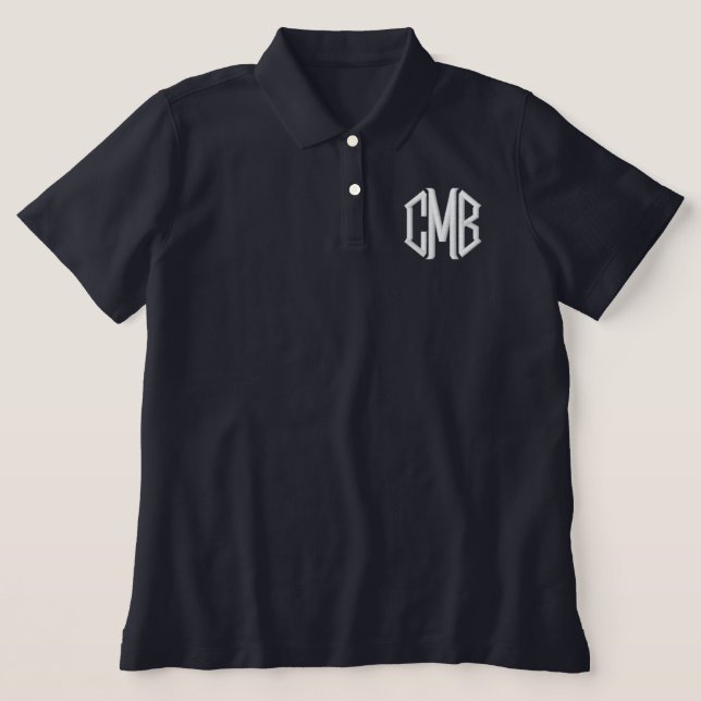 Navy Blue and White Monogram Embroidered Polo Shirt (Design Front)