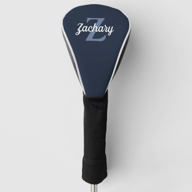 Navy Blue and White Monogram Personalized Golf Head Cover (Front)
