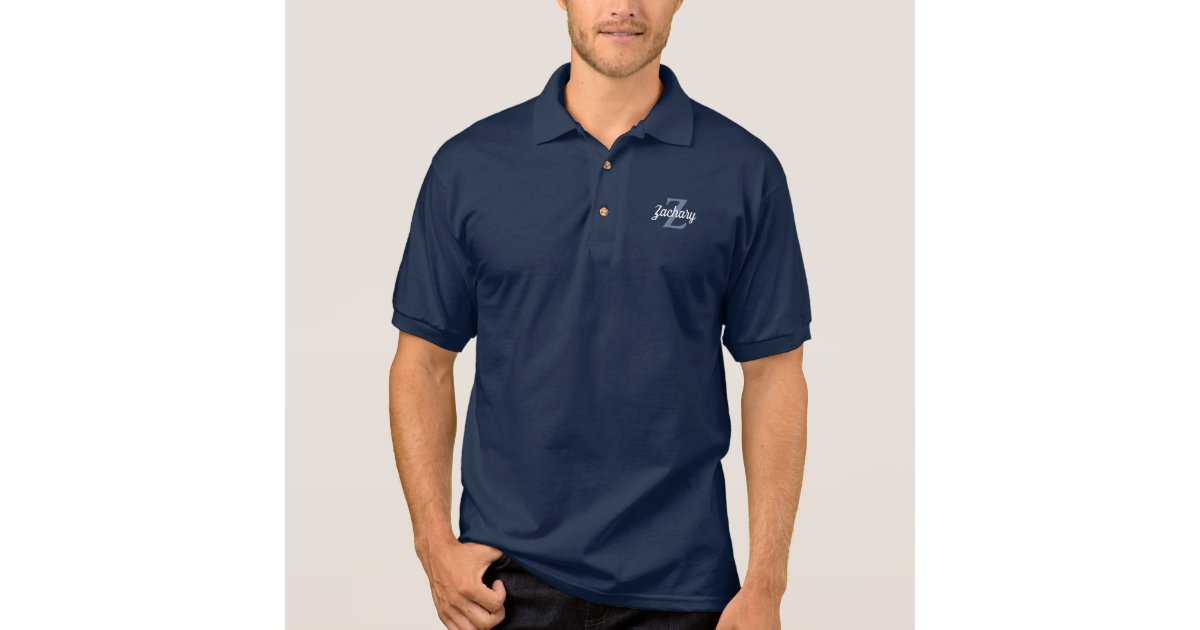 White and Navy Blue Monogram Print Polo Shirt
