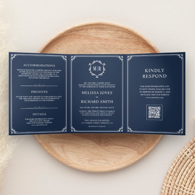Navy Blue and White Monogram QR Code Wedding Tri-Fold Invitation (Creator Uploaded)