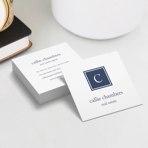 Navy Blue and White Monogram Square Business Card