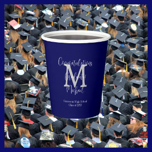 Navy Blue and White Monogrammed Graduation Party Paper Cups