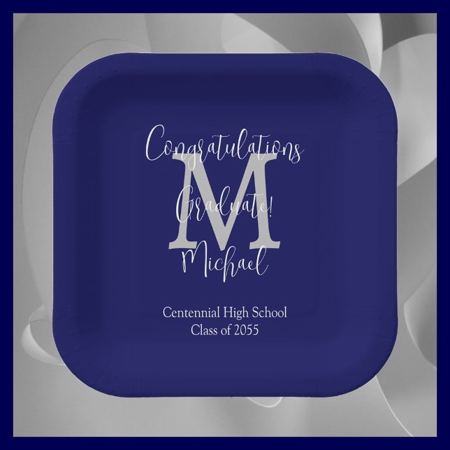 Navy Blue and White Monogrammed Graduation Party Paper Plates (Creator Uploaded)